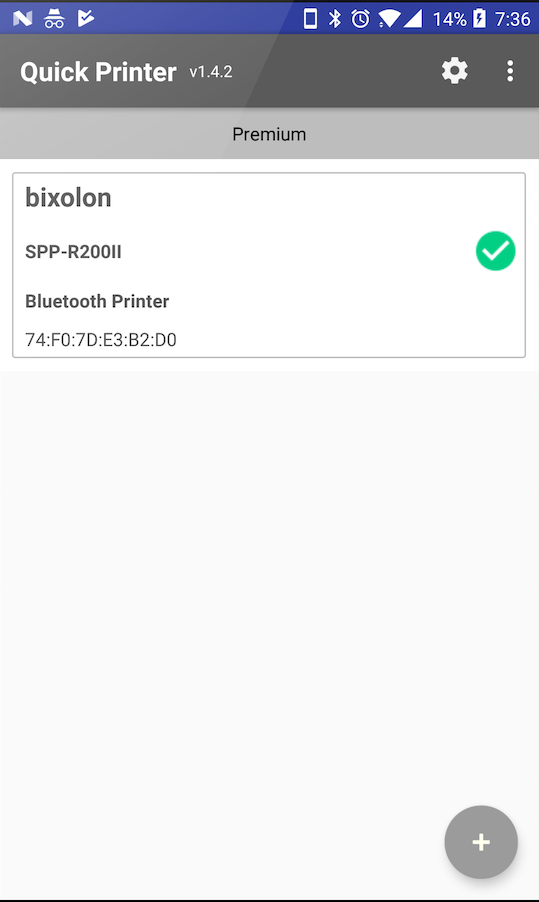 Pantalla de Quick Printer mostrando una impresora Bluetooth configurada