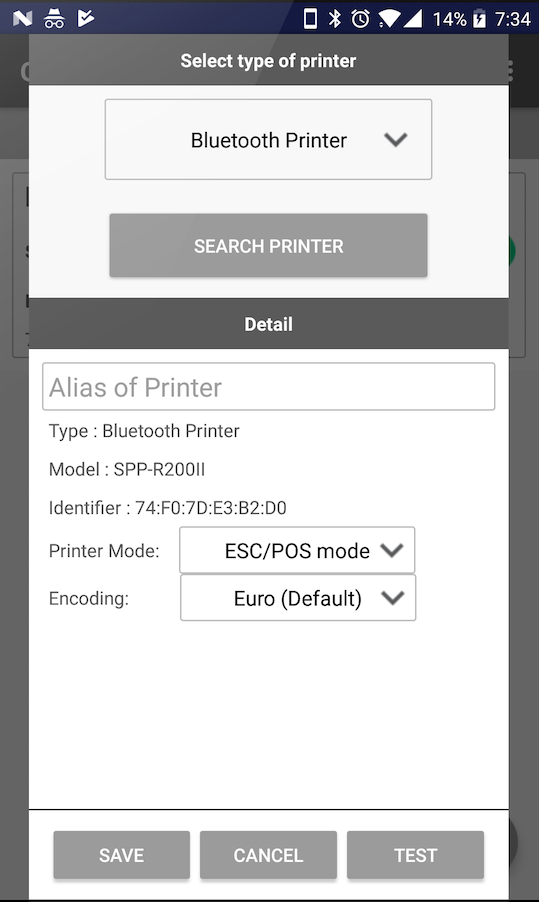 Pantalla de configuración de una impresora Bluetooth ESC/POS